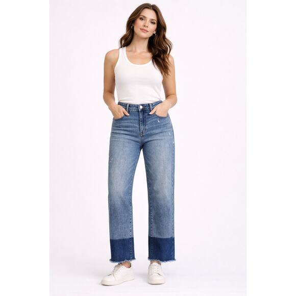 Judy Blue Column Straight Jeans High Waist Dark Blue Raw Hem Size 13 US 31 New